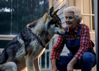 M0912036_Vínculo Inesperado Lobo y Mujer Un lobo confía en una mujer. Generated using Kling AI . . . (Sólo con fines de entret_p