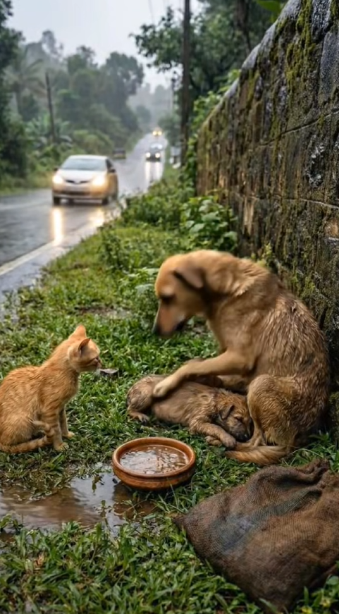 M2912006 A Brave Baby Cat Saves a Mama Dog and Her Puppies in the Heavy Rain DODO AI_part2