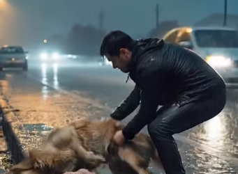 M2901002_Thrown Away on Highway Shoulder, Mother Dog Still Clings to Her Puppies